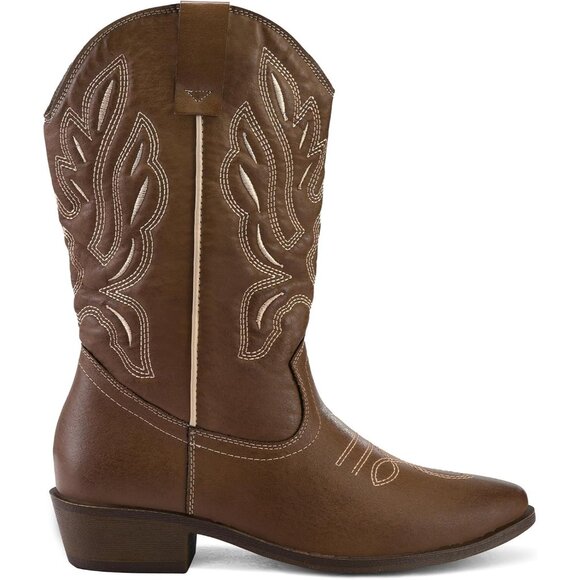 mysoft Women's Brown Western Cowboy Boots Mid Calf Pointed Toe Cowgirl - Picture 4 of 6